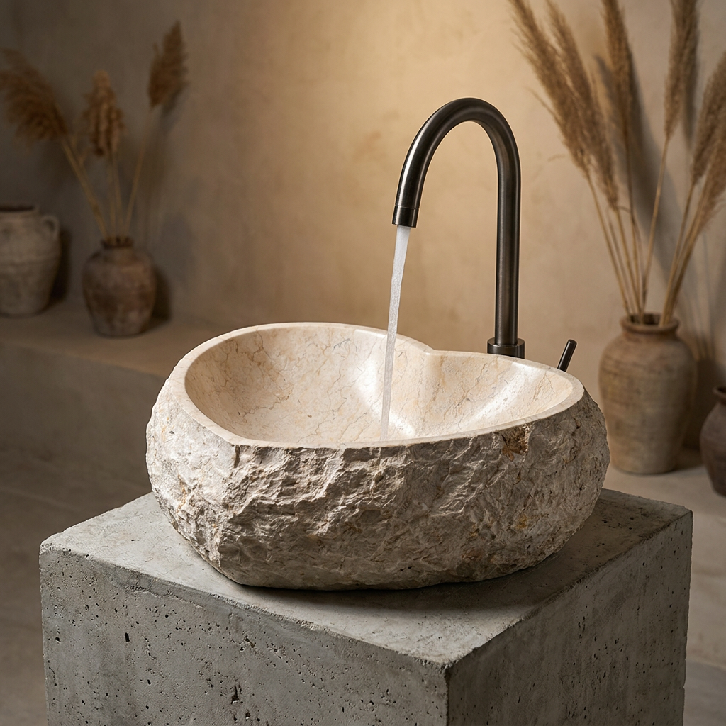 Heart Shaped Stone Vessel Sink, Beige Natural Marble Basin with Rustic Raw Edge