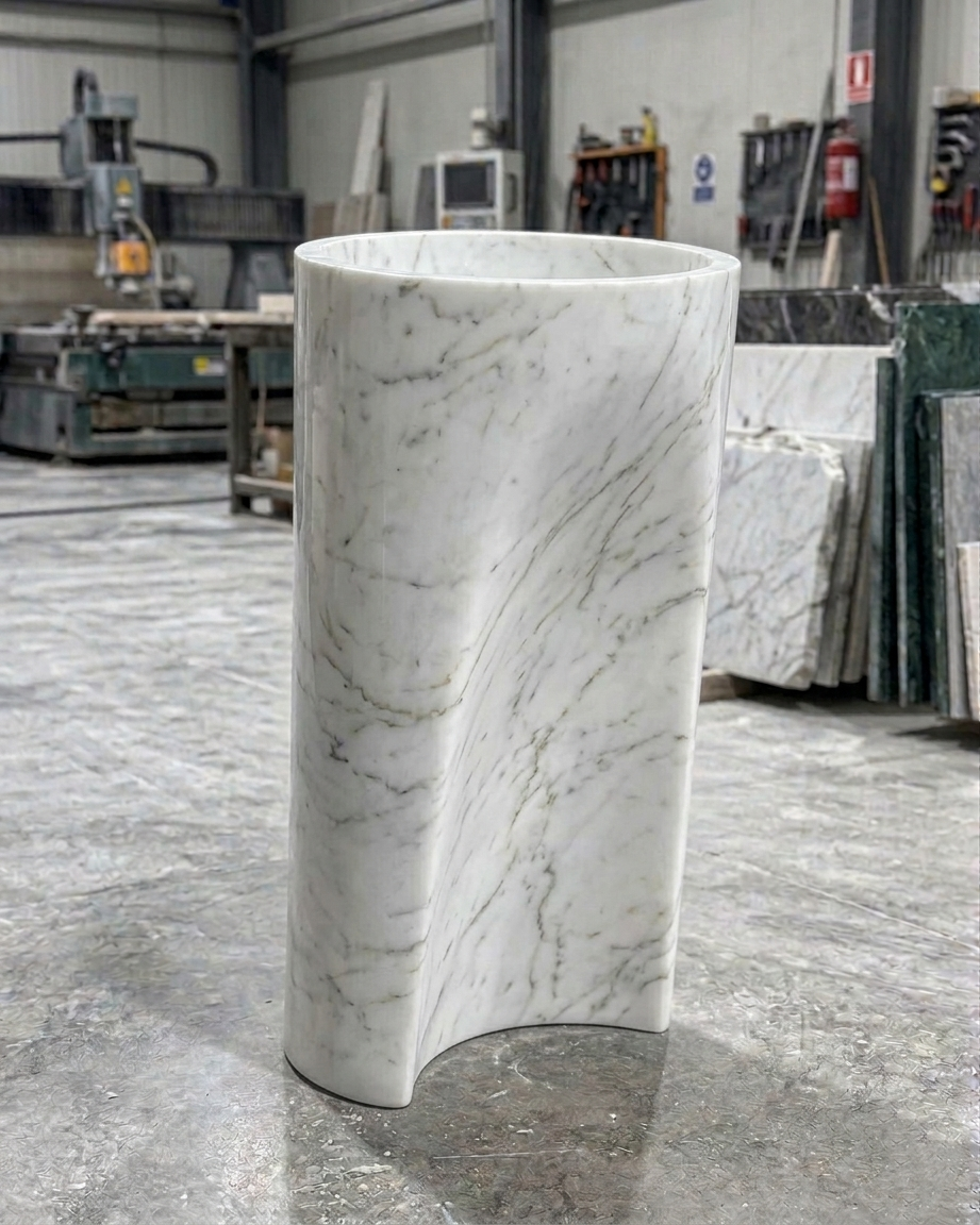 Luxury solid Travertine Pedestal Sink, Curved Base Freestanding Stone Basin, 36" Tall