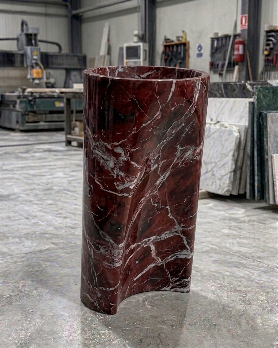 Luxury solid Travertine Pedestal Sink, Curved Base Freestanding Stone Basin, 36" Tall
