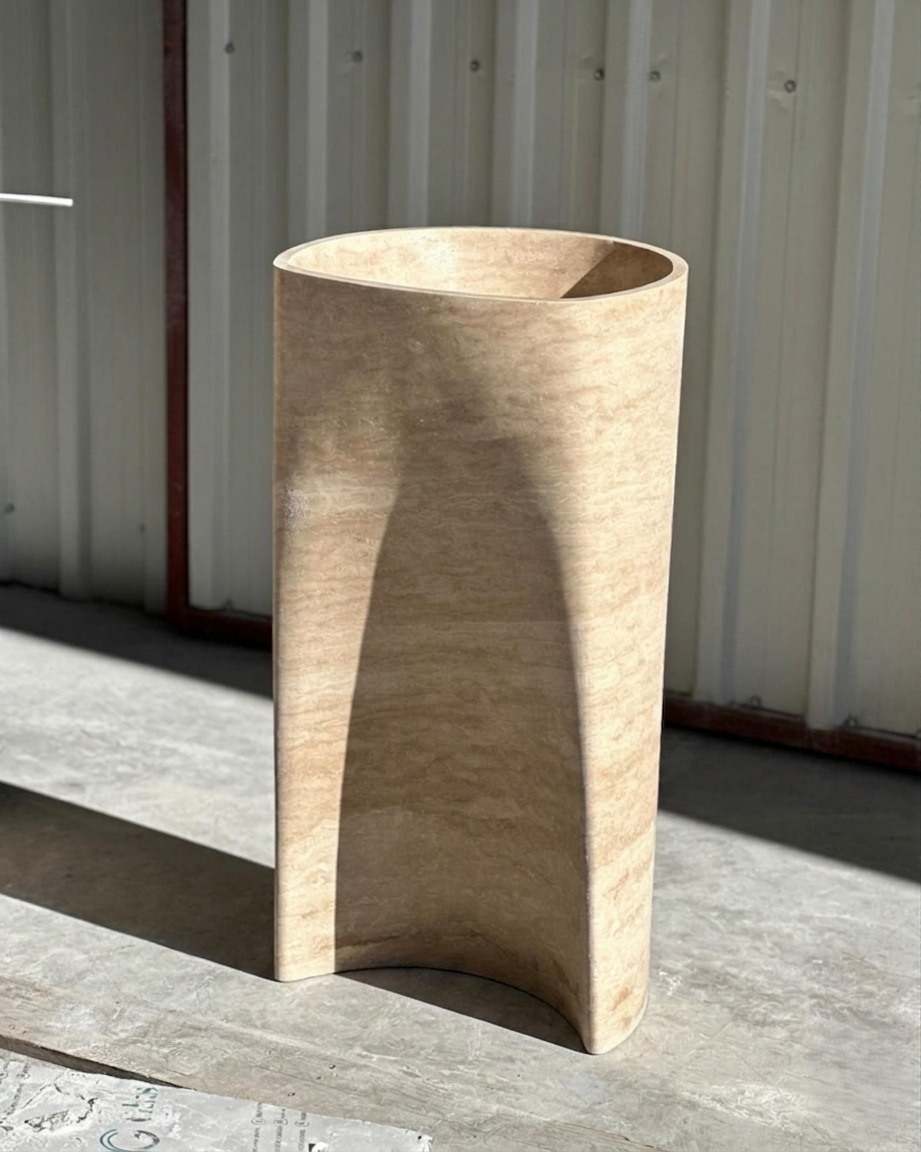 Luxury solid Travertine Pedestal Sink, Curved Base Freestanding Stone Basin, 36" Tall