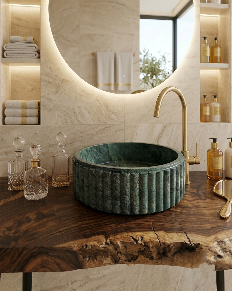 Jungle Green Marble Vessel Sink, Round Fluted Natural Stone Basin