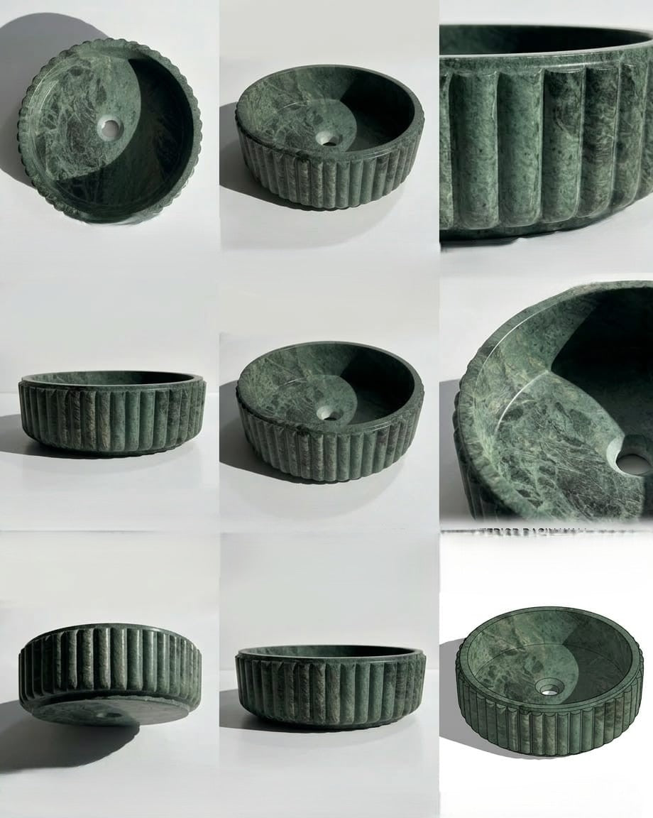 Jungle Green Marble Vessel Sink, Round Fluted Natural Stone Basin