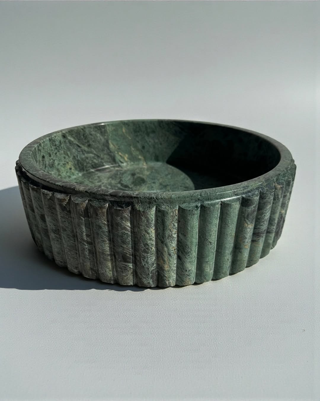 Jungle Green Marble Vessel Sink, Round Fluted Natural Stone Basin
