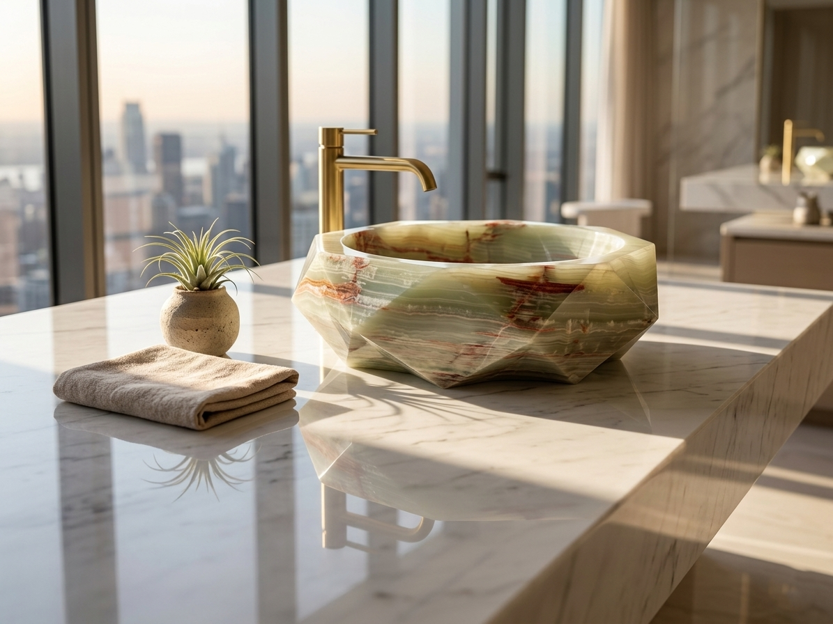 Green Onyx Vessel Sink, Faceted Geometric Natural Stone Basin