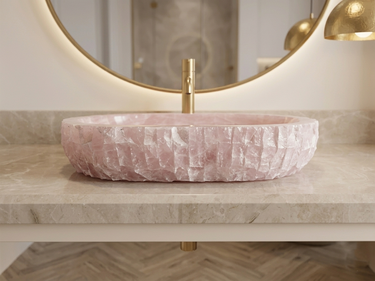 Pink Onyx Oval Vessel Sink, Natural Stone Basin with Raw Chiseled Edge