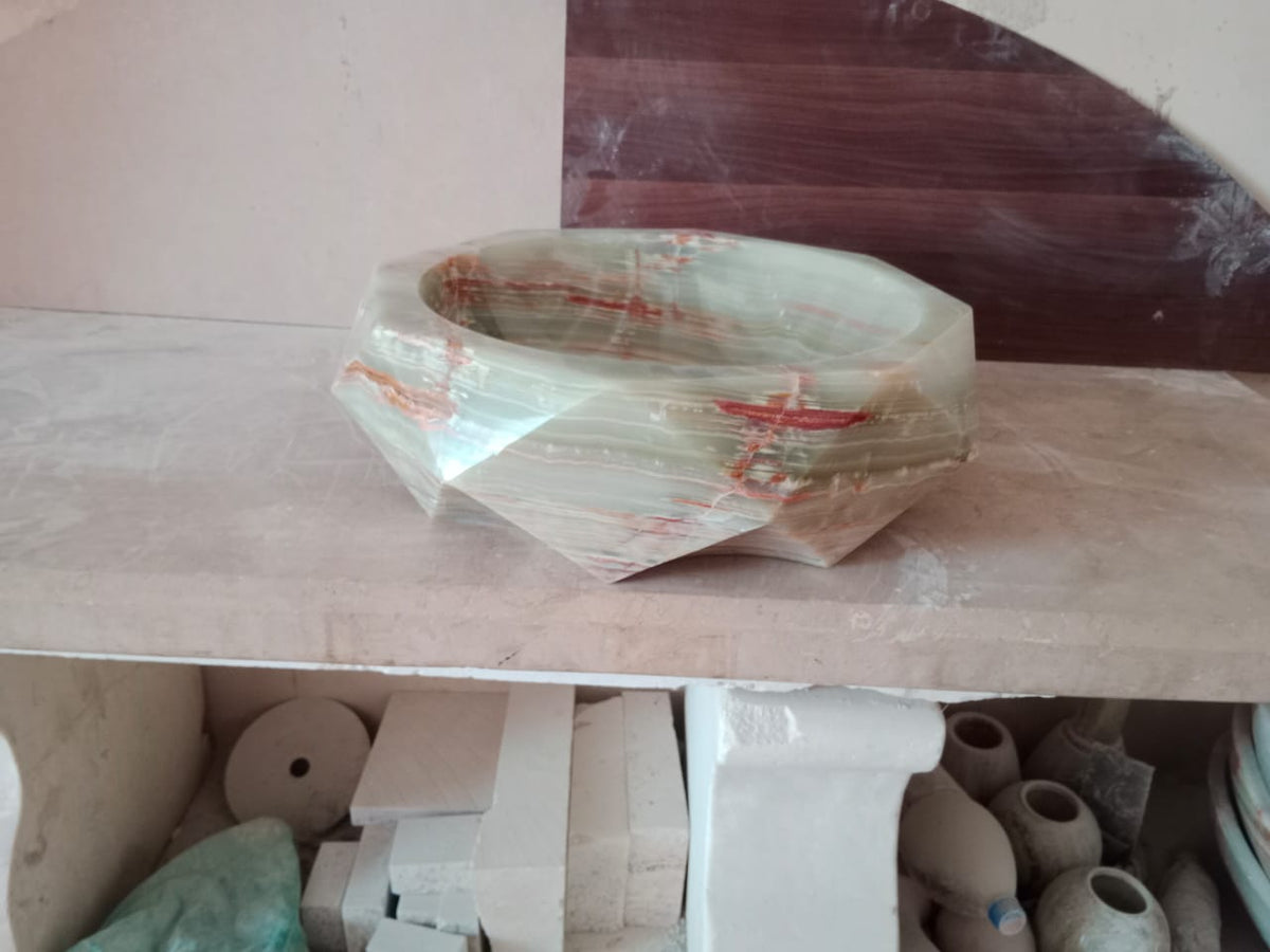 Green Onyx Vessel Sink, Faceted Geometric Natural Stone Basin
