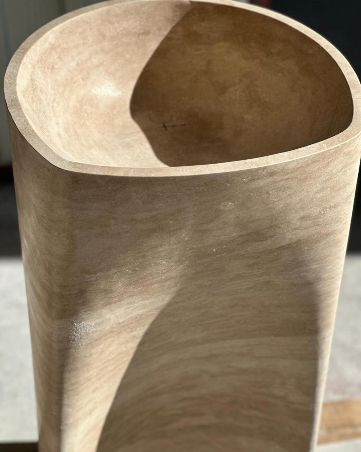 Luxury solid Travertine Pedestal Sink, Curved Base Freestanding Stone Basin, 36" Tall