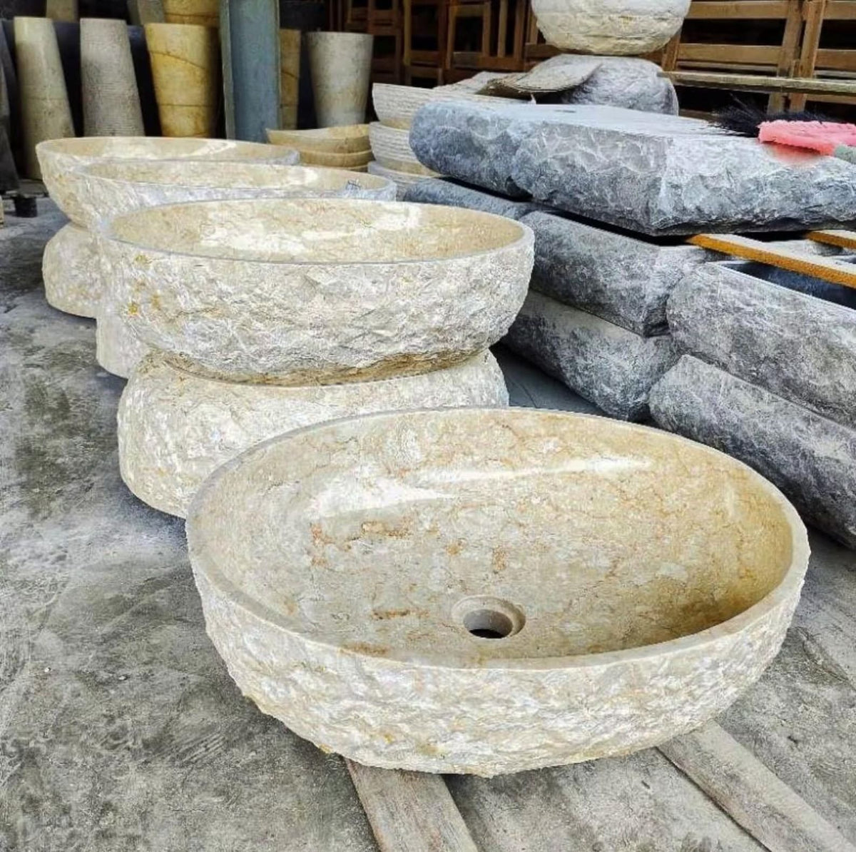 Beige Travertine Vessel Sink, Oval Natural Stone Basin with Rustic Raw Edge