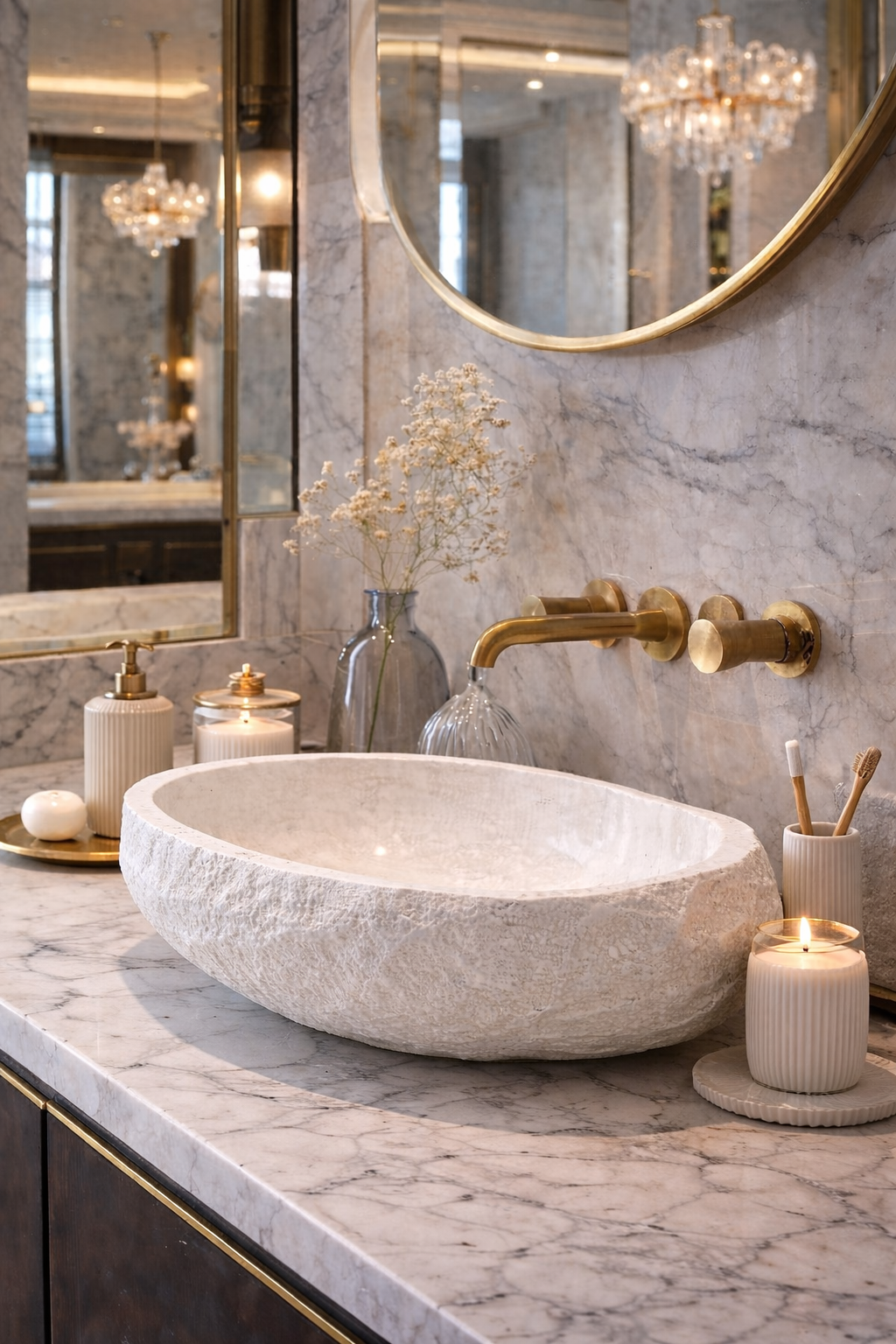 Beige Travertine Vessel Sink, Oval Natural Stone Basin with Rustic Raw Edge