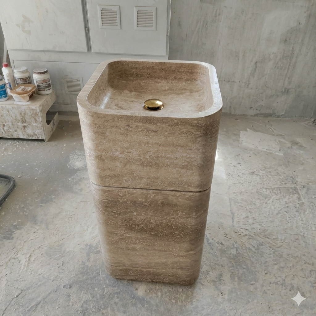 Luxury Travertine Pedestal Sink, Freestanding Natural Stone Basin, 36" Tall