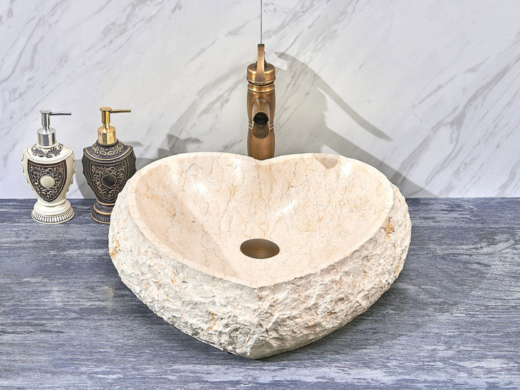 Heart Shaped Stone Vessel Sink, Beige Natural Marble Basin with Rustic Raw Edge