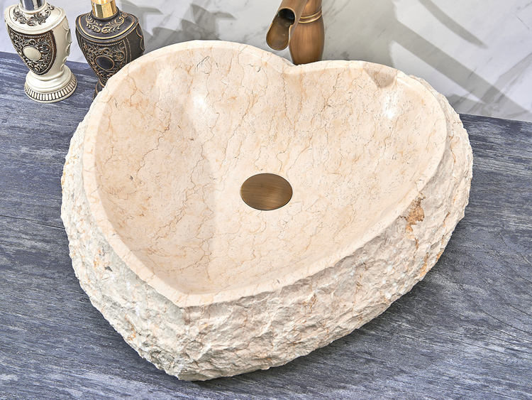 Heart Shaped Stone Vessel Sink, Beige Natural Marble Basin with Rustic Raw Edge