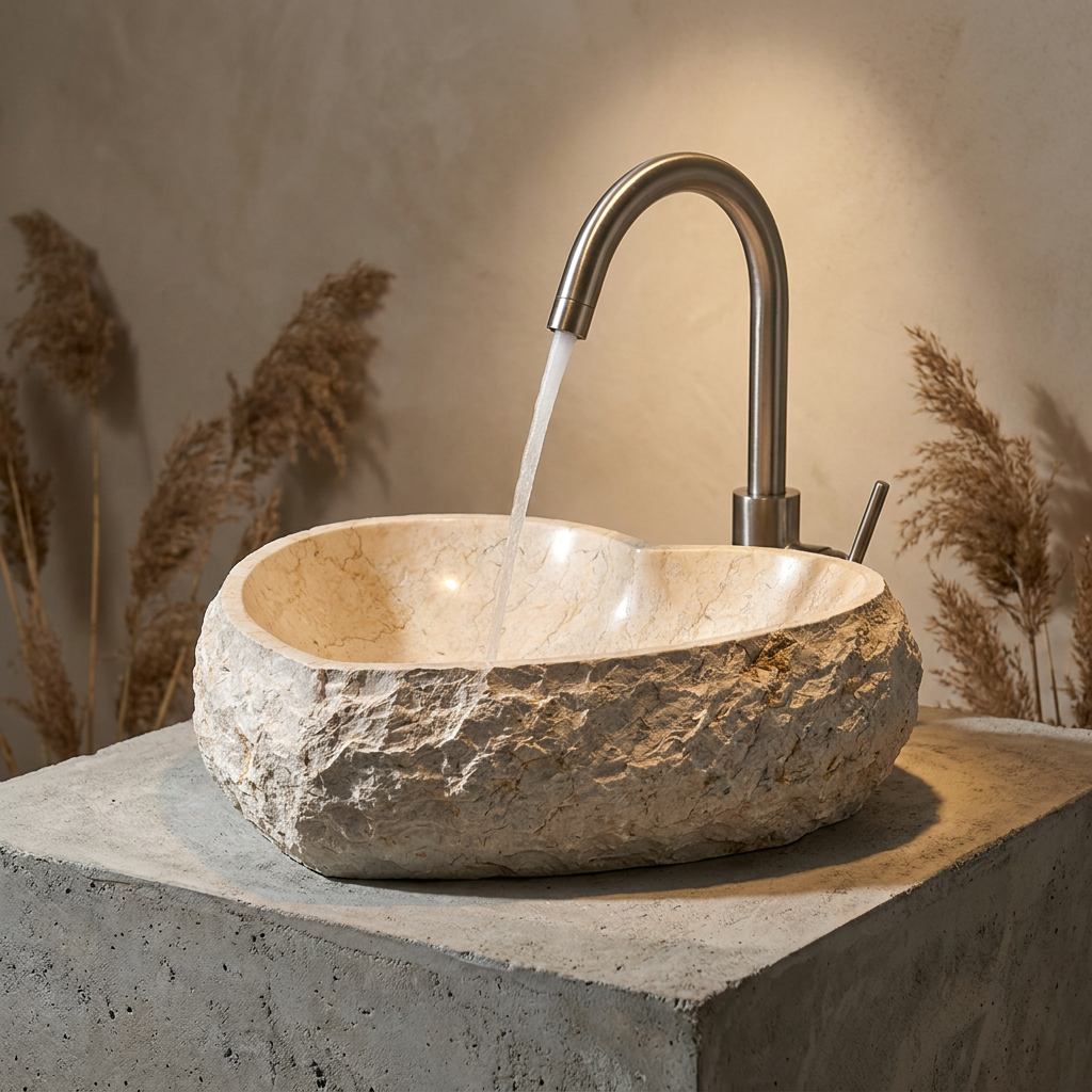 Heart Shaped Stone Vessel Sink, Beige Natural Marble Basin with Rustic Raw Edge