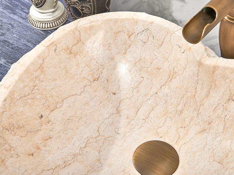 Heart Shaped Stone Vessel Sink, Beige Natural Marble Basin with Rustic Raw Edge