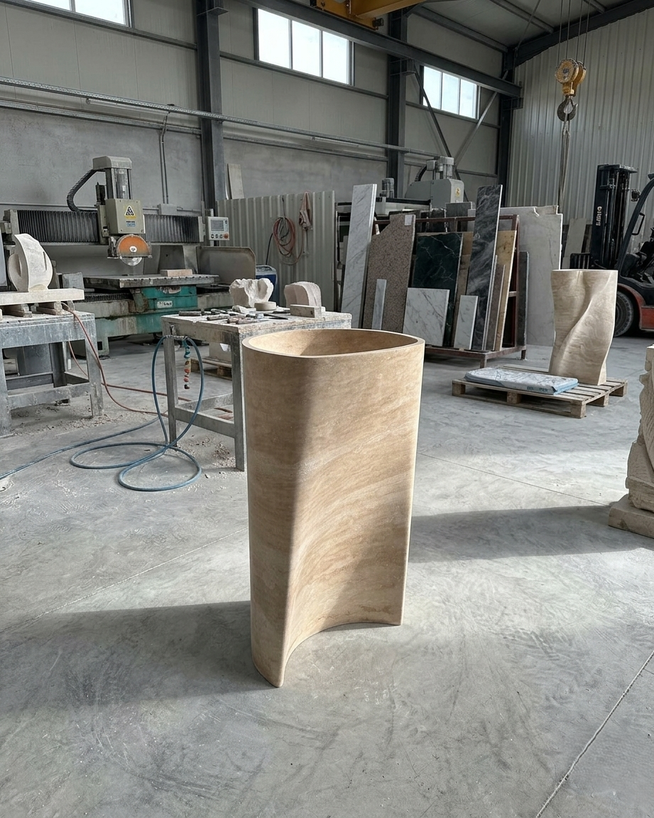 Luxury  solid Travertine Pedestal Sink, Curved Base Freestanding Stone Basin, 36" Tall