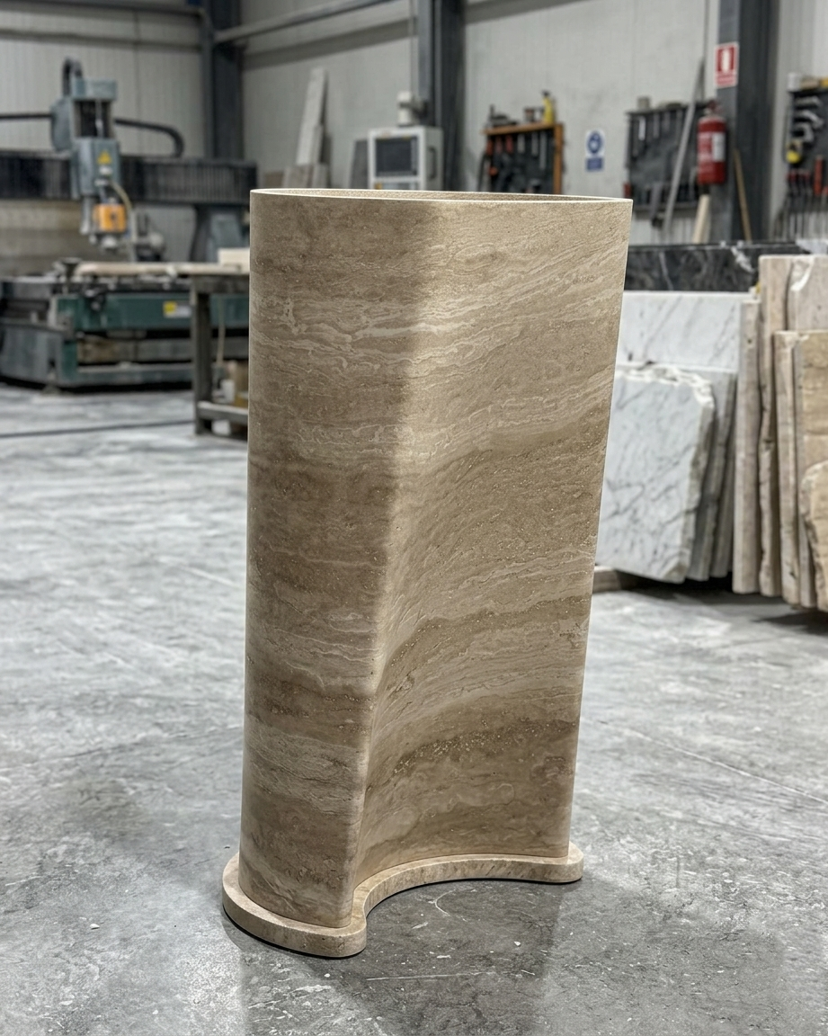 Luxury  solid Travertine Pedestal Sink, Curved Base Freestanding Stone Basin, 36" Tall