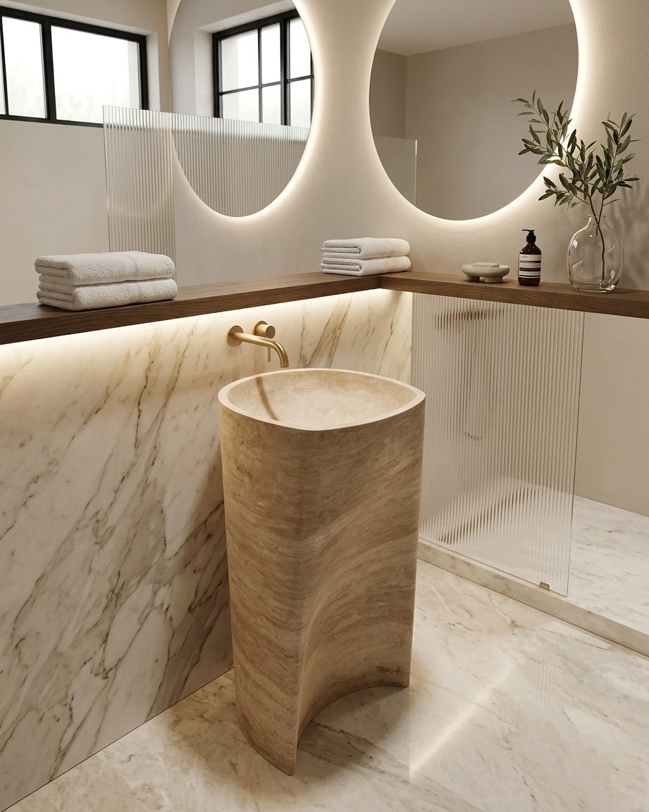 Luxury  solid Travertine Pedestal Sink, Curved Base Freestanding Stone Basin, 36" Tall