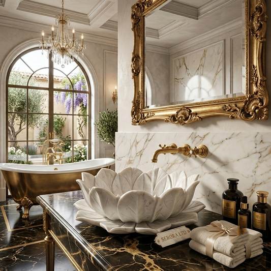 White Marble Lotus Vessel Sink, Hand-Carved Flower Petal Natural Stone Basin
