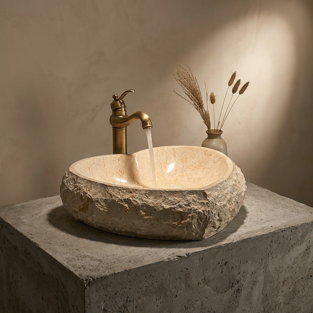 Heart Shaped Stone Vessel Sink, Beige Natural Marble Basin with Rustic Raw Edge