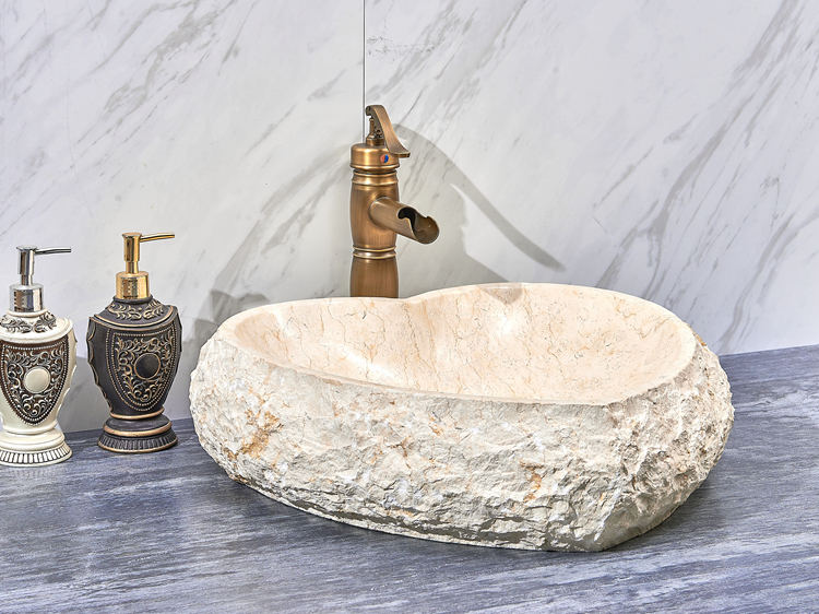 Heart Shaped Stone Vessel Sink, Beige Natural Marble Basin with Rustic Raw Edge