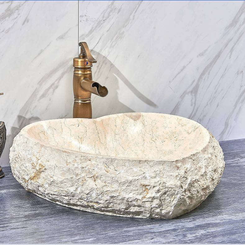 Heart Shaped Stone Vessel Sink, Beige Natural Marble Basin with Rustic Raw Edge