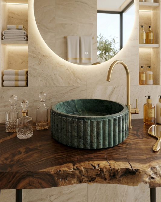 Jungle Green Marble Vessel Sink, Round Fluted Natural Stone Basin