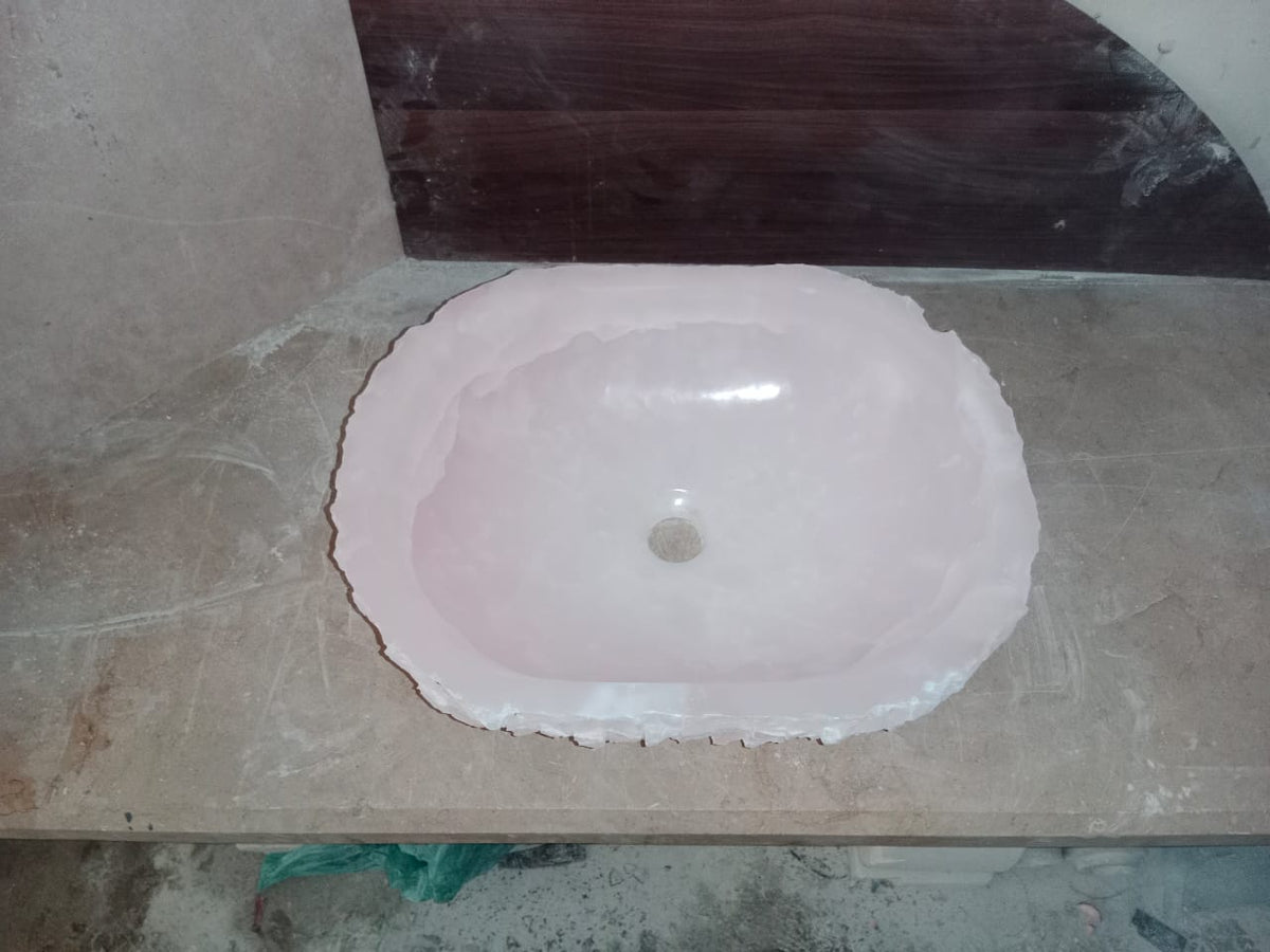 Pink Onyx Oval Vessel Sink, Natural Stone Basin with Raw Chiseled Edge