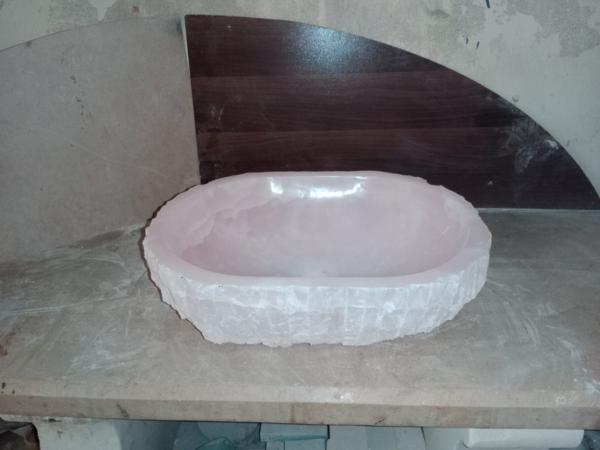 Pink Onyx Oval Vessel Sink, Natural Stone Basin with Raw Chiseled Edge