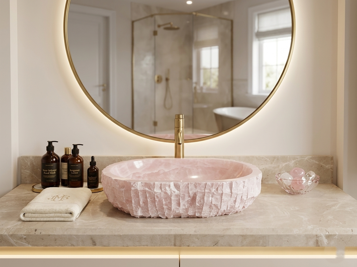 Pink Onyx Oval Vessel Sink, Natural Stone Basin with Raw Chiseled Edge