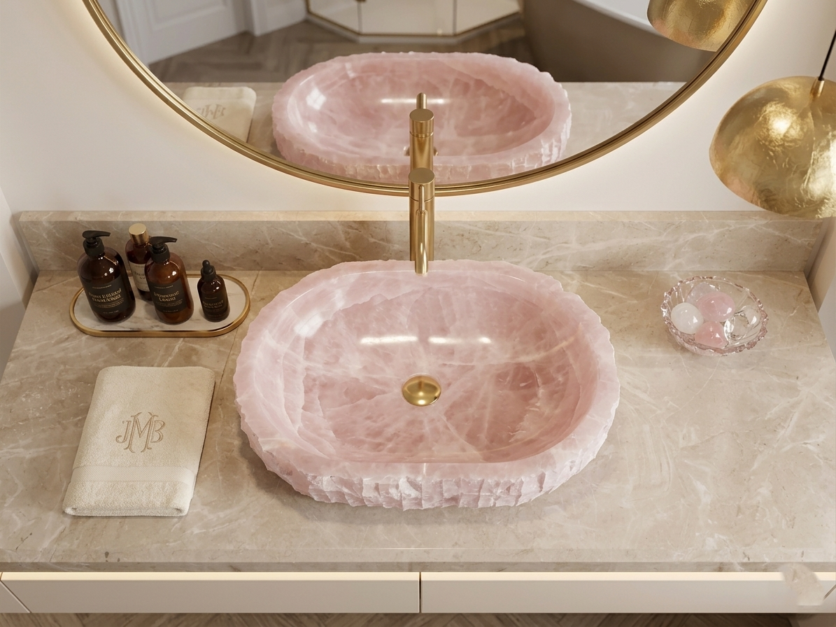 Pink Onyx Oval Vessel Sink, Natural Stone Basin with Raw Chiseled Edge