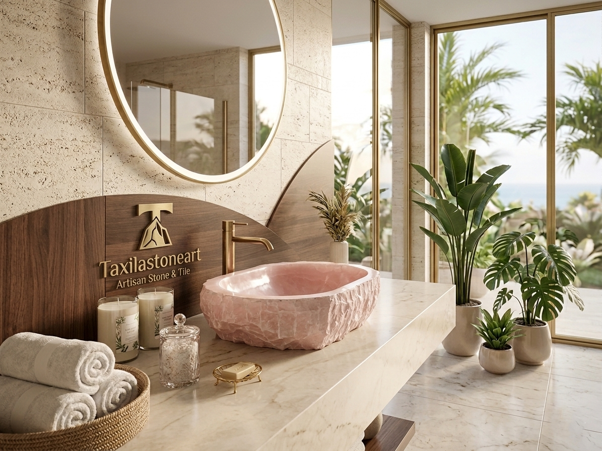 Pink Onyx Oval Vessel Sink, Natural Stone Basin with Raw Chiseled Edge