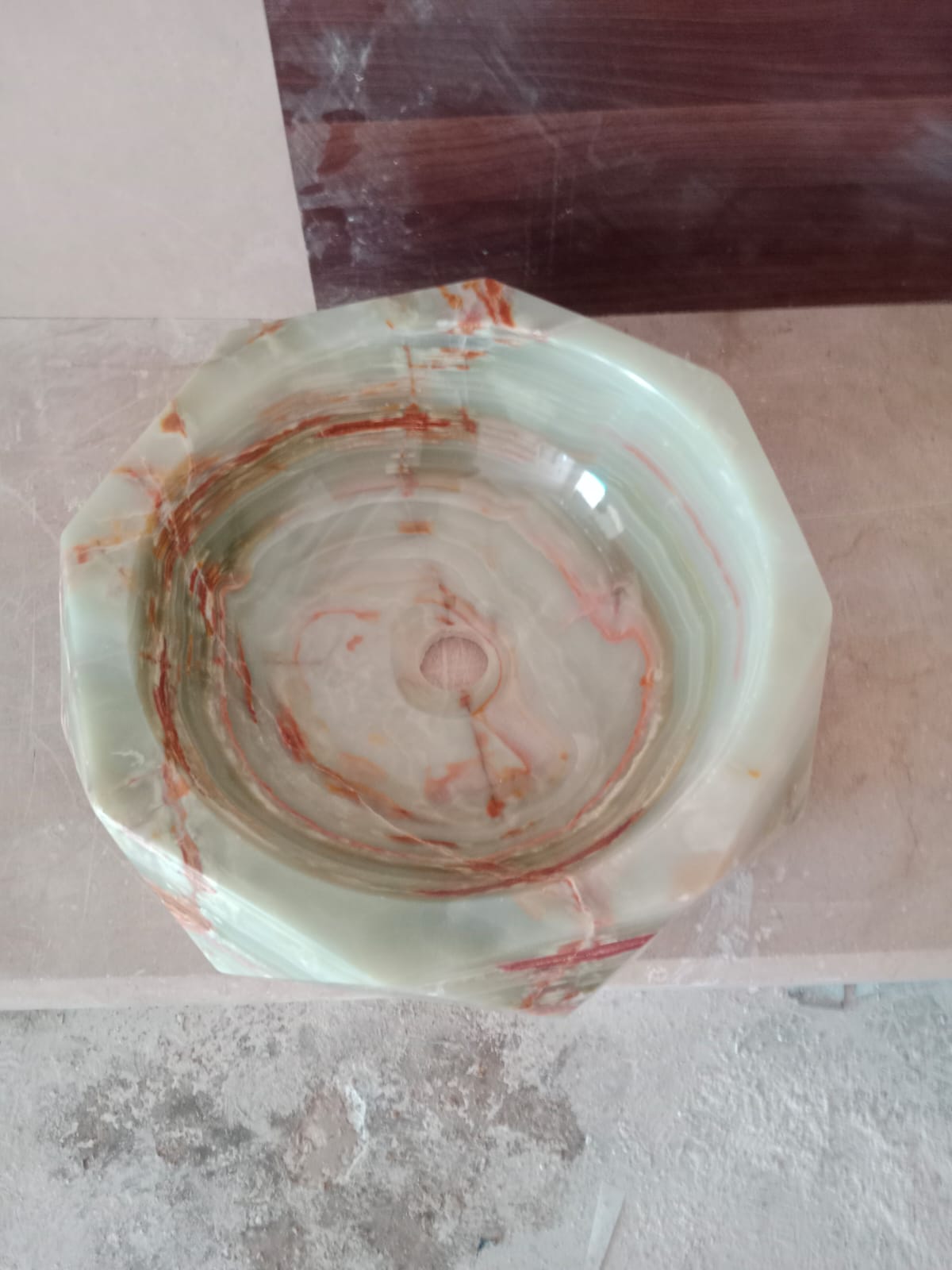 Green Onyx Vessel Sink, Faceted Geometric Natural Stone Basin