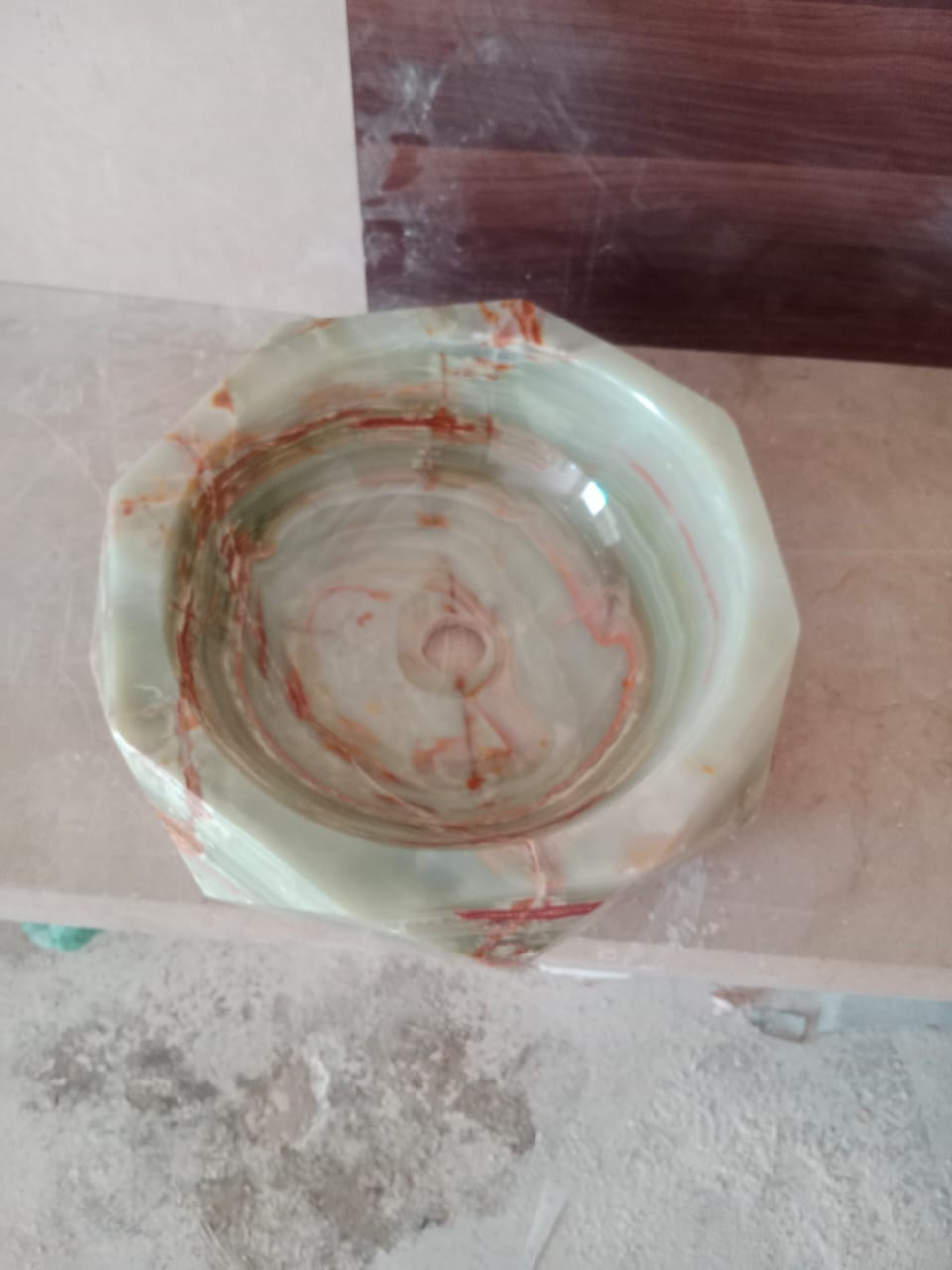 Green Onyx Vessel Sink, Faceted Geometric Natural Stone Basin