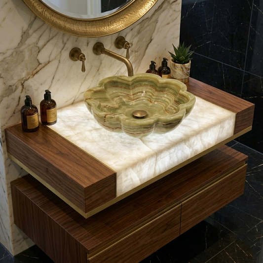 Green Onyx Flower Vessel Sink, Scalloped Petal Hand-Carved Natural Stone Basin