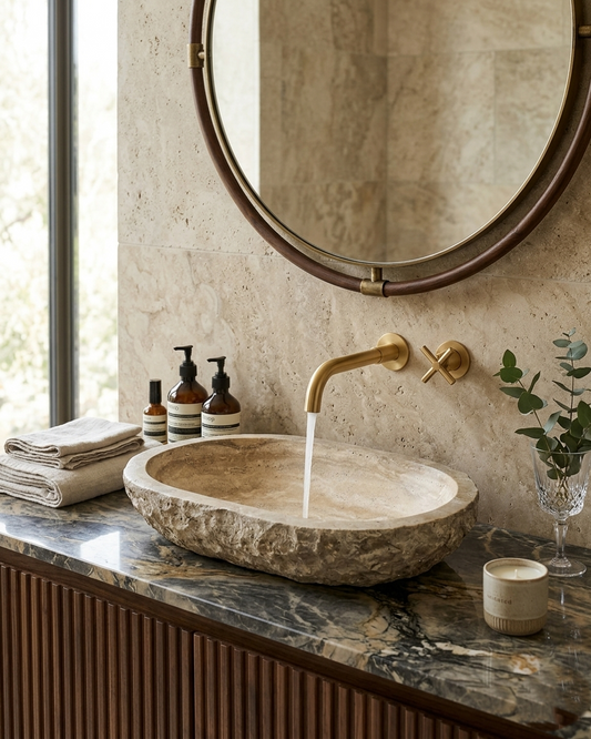 Rustic Oval Travertine Vessel Sink, Natural Stone Basin with Raw Chiseled Edge