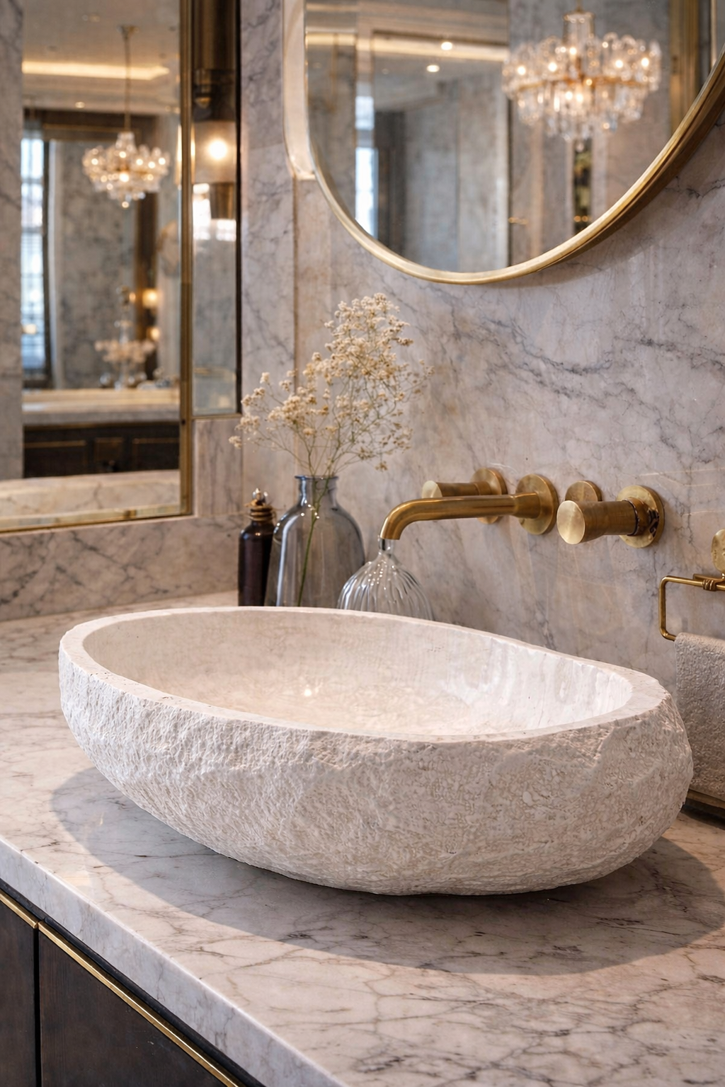 Beige Travertine Vessel Sink, Oval Natural Stone Basin with Rustic Raw Edge
