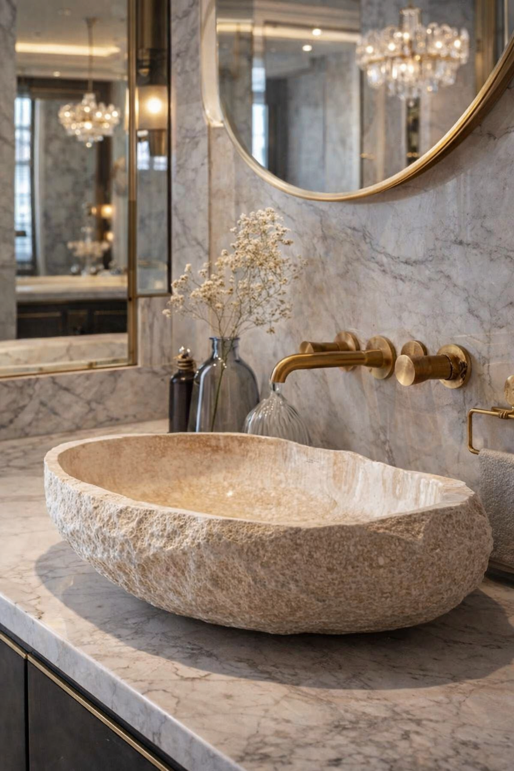 Beige Travertine Vessel Sink, Oval Natural Stone Basin with Rustic Raw Edge