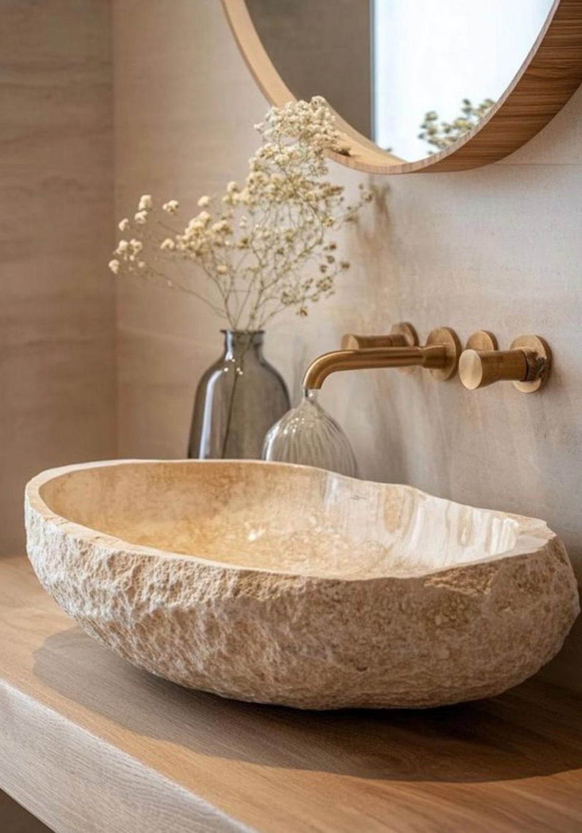 Beige Travertine Vessel Sink, Oval Natural Stone Basin with Rustic Raw Edge