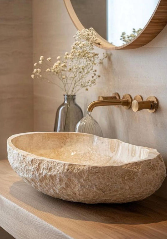 Beige Travertine Vessel Sink, Oval Natural Stone Basin with Rustic Raw Edge
