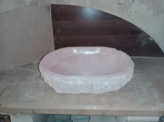 Pink Onyx Oval Vessel Sink, Natural Stone Basin with Raw Chiseled Edge